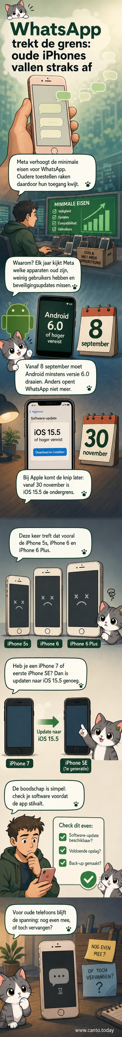 Illustratie van een oudere smartphone met een WhatsApp-icoon dat wordt geblokkeerd, met een waarschuwing over systeemvereisten.