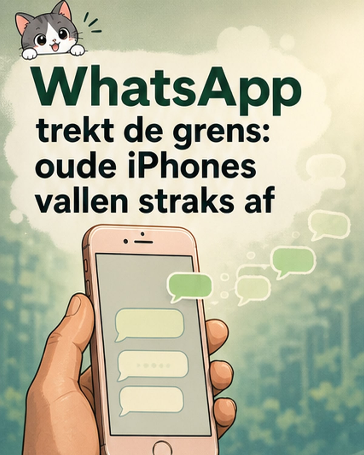 Illustratie van een oudere smartphone met een WhatsApp-icoon dat wordt geblokkeerd, met een waarschuwing over systeemvereisten.