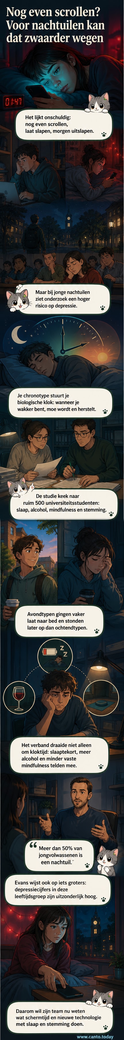 Een jongere zit laat op de avond op de rand van het bed met een blauw scherm van een telefoon in de hand, terwijl de klok 2:00 uur aangeeft.