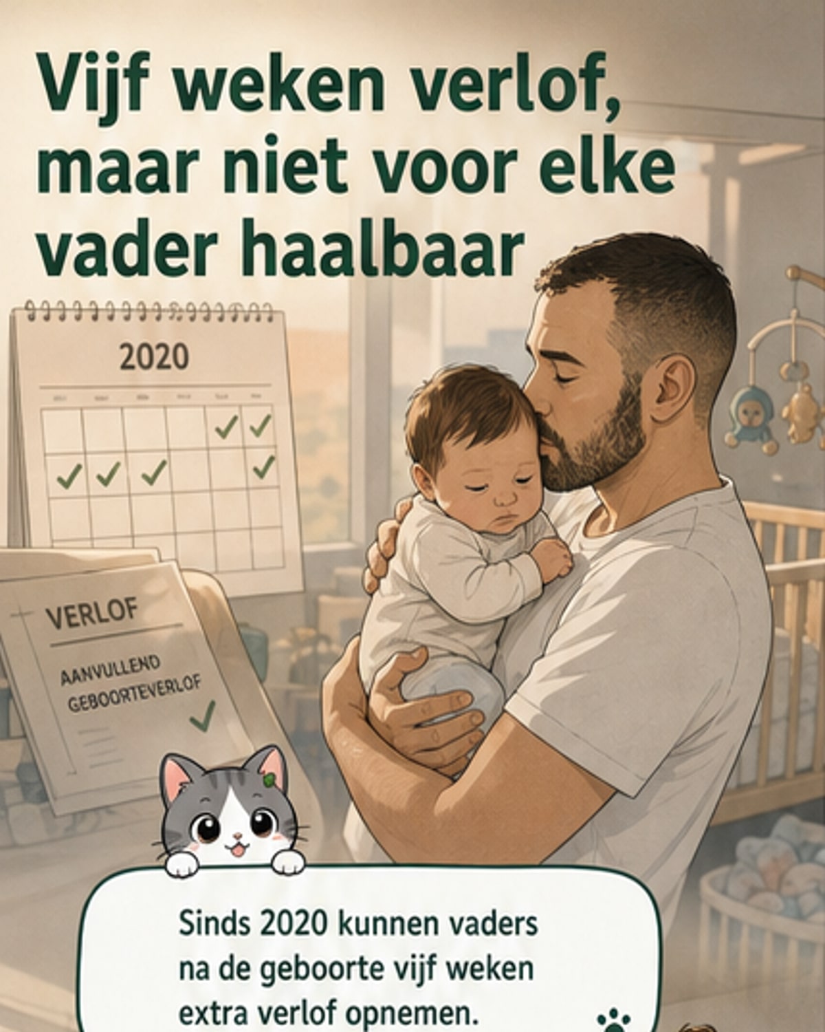 Illustratie van een vader die tussen werk en babyzorg heen en weer wordt getrokken, met een kalender waarop weinig dagen zijn gemarkeerd voor verlof.