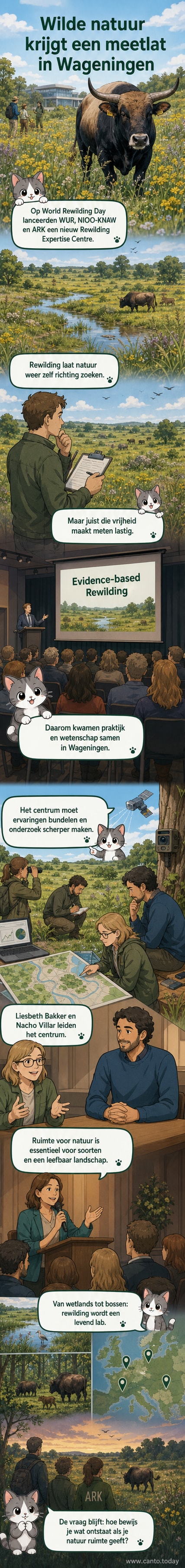 Illustratie van een wild, natuurlijk landschap met grazende dieren en vrije waterloop, symboliserend rewilding in Nederland.