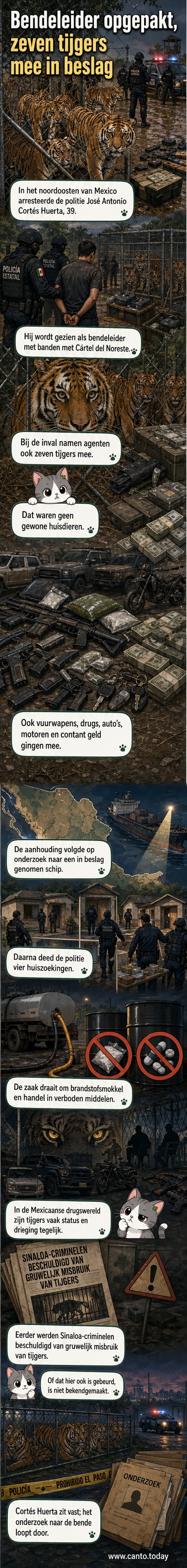 Zeven tijgers in een kooi, omgeven door politie en autoriteiten tijdens een operatie in Mexico.