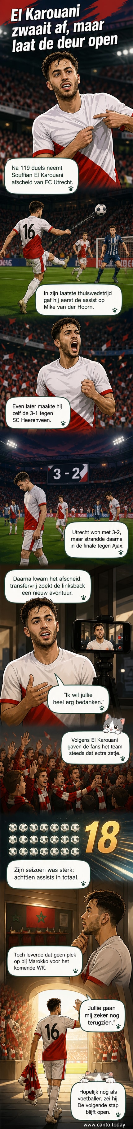 Noah El Karouani in actie voor FC Utrecht, met de clubshirt en publiek op de achtergrond tijdens een emotioneel afscheidsmoment.