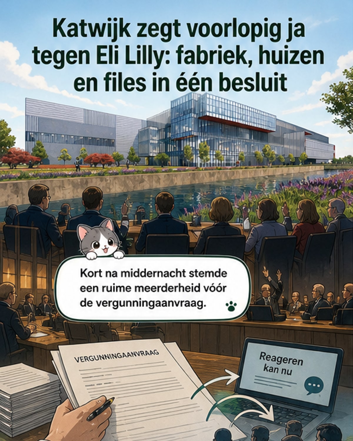 Illustratie van een moderne medicijnfabriek met laboratoria en woonwijken in de buurt, bij het Leiden Bioscience Park.