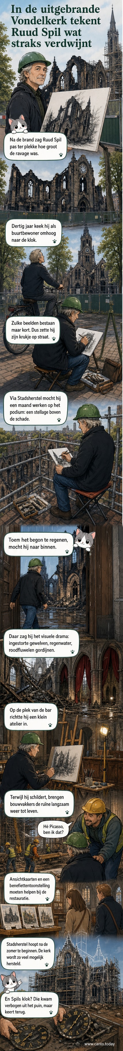 Kunstenaar Ruud Spil met een schilderij van de uitgebrande Vondelkerk, staand voor de ruïne met een groene bouwhelm op het hoofd.