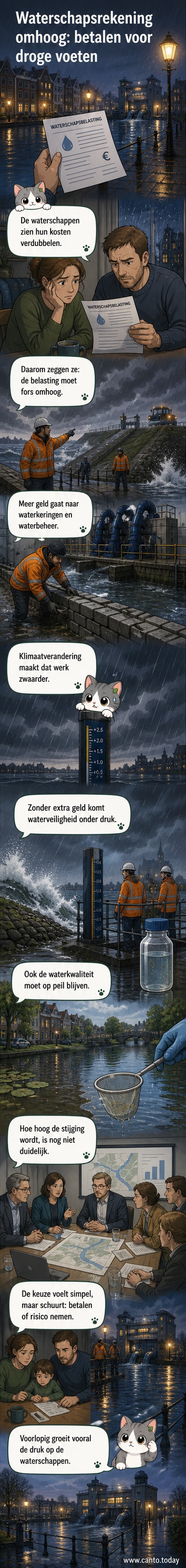 Illustratie van een waterschapshuis met stijgende waterlijn en een belastingbrief op de voordeur, symbolisch voor de verdubbelde kosten en noodzakelijke verhogingen.