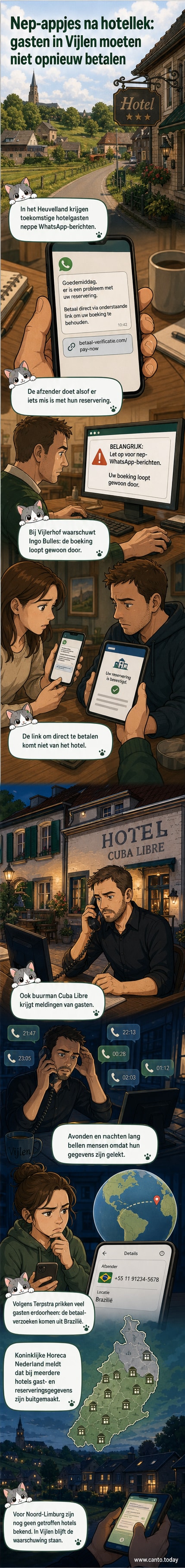 Twee telefoons naast elkaar: een met een officieel hotelbericht en een met een verdacht betaalverzoek, met daarboven een waarschuwingsschild.