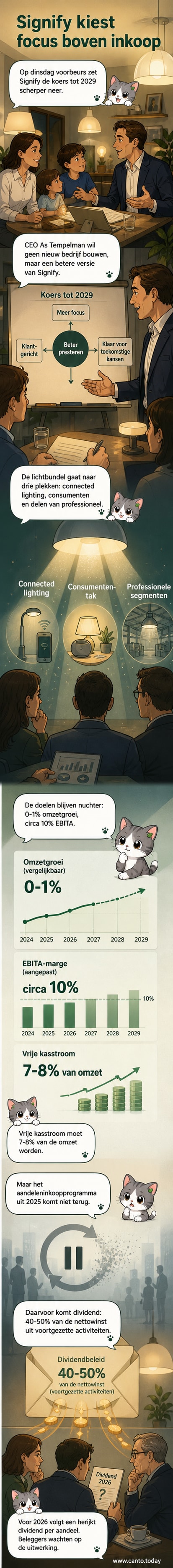 Illustratie van een strakke, moderne verlichtingsinstallatie met digitale interface, geassocieerd met Signify's strategische focus op slimme lichtoplossingen tot 2029.