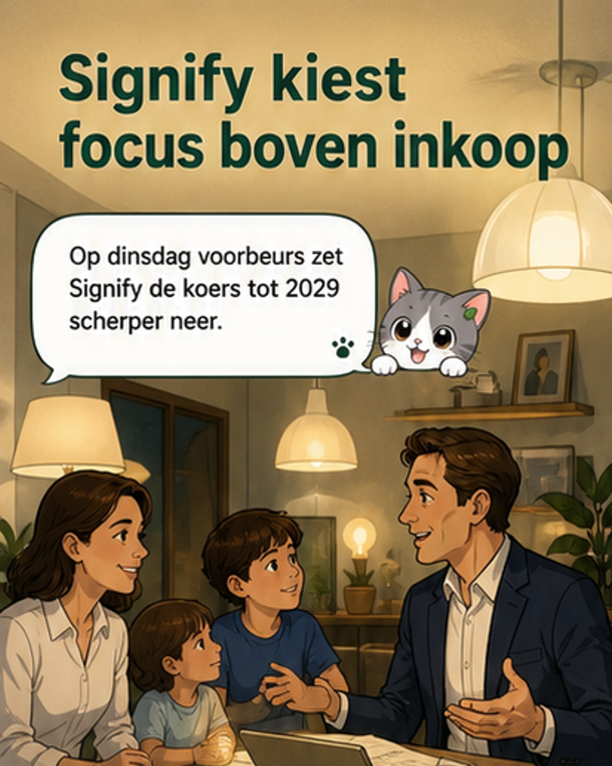 Illustratie van een strakke, moderne verlichtingsinstallatie met digitale interface, geassocieerd met Signify's strategische focus op slimme lichtoplossingen tot 2029.