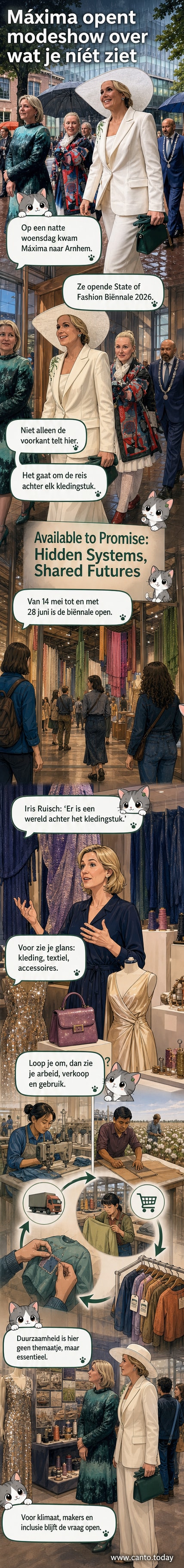 Koningin Máxima opent de State of Fashion Biënnale 2026 in Arnhem, met een installatie van kledingstukken die de reis van productie tot winkel weergeeft.