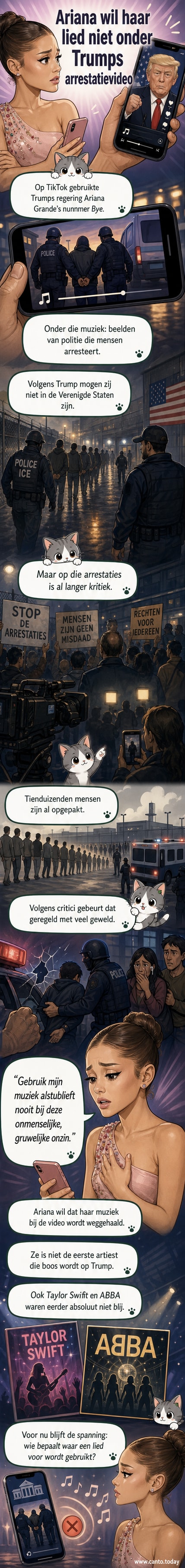 Illustratie van Ariana Grande met een teleurgestelde blik, terwijl op een scherm achter haar een politievideo met haar nummer 'Bye' te zien is.