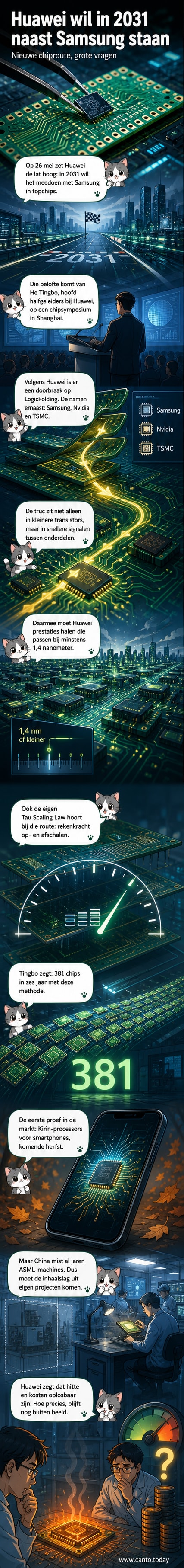 Illustratie van een futuristische chip met lichtsporen, omgeven door symbolen van China, Zuid-Korea en Taiwan, met Huawei- en Samsung-logo's in de verte.