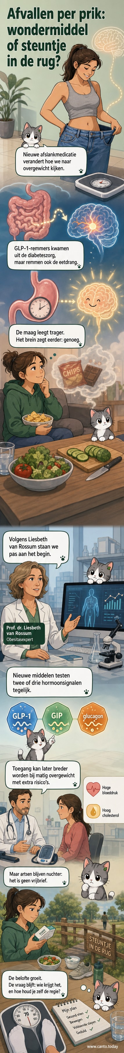 Een illustratie van een persoon die een injectie toedient, met een brein en maag die via een signaal met elkaar communiceren, terwijl een grafiek van gewicht langzaam daalt.