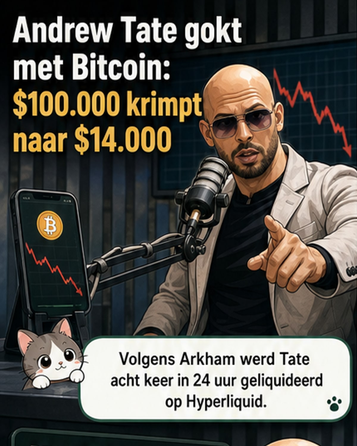 Illustratie van Andrew Tate met een kapotte Bitcoin-kaart op een handelsplatform, omringd door cijfers die dalen.