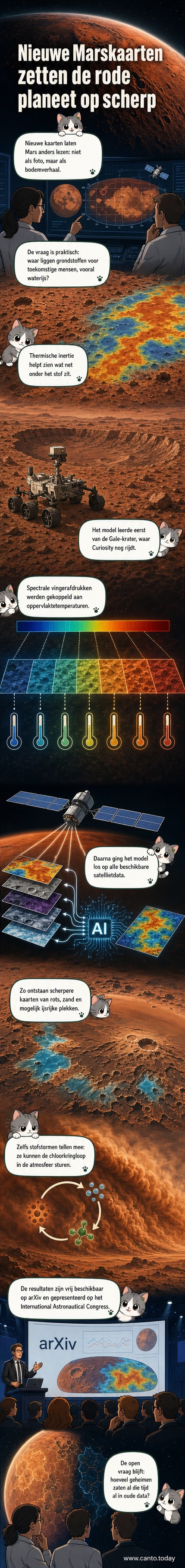 Illustratie van een AI-gestuurde analyse van Mars, waarbij satellietbeelden worden omgezet in gedetailleerde kaarten met ijslagen onder het oppervlak.