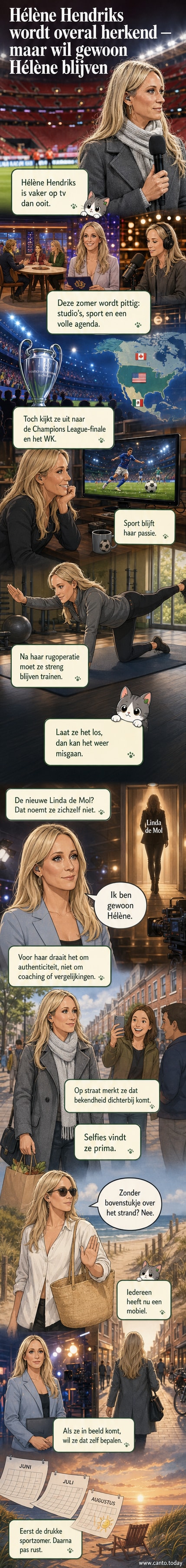 Illustratie van Hélène Hendriks in sportieve omgeving, met microfoon in hand, kijkend naar een stadionvol mensen. Naast haar een strandscène met mensen die foto’s maken. Stijl: realistisch webtoon met subtiele emotie.