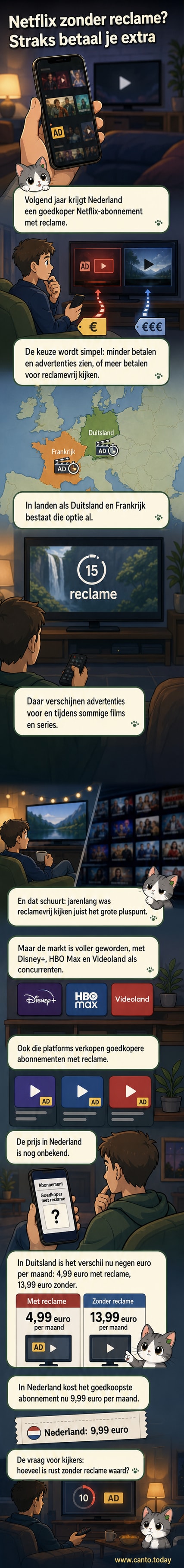 Een smartphone toont het Netflix-logo met een reclamepop-up op het scherm, tegen een donkerblauwe achtergrond.