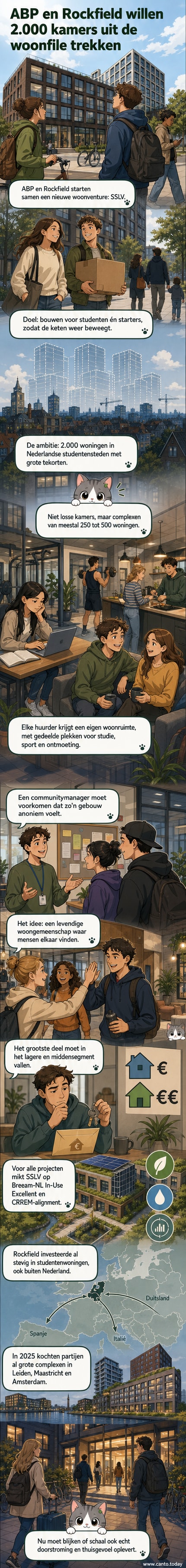 Illustratie van een modern woongebouw met gemeenschappelijke tuin, fietsenstalling en jonge bewoners die koffie drinken op een terras, met het logo van ABP en Rockfield op een bouwboard.