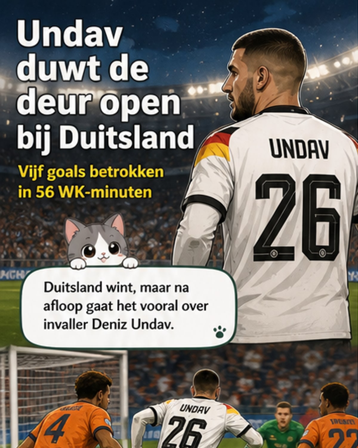 Voetballer Deniz Undav viert een doelpunt met teamgenoten, terwijl bondscoach Nagelsmann en verdediger Schlotterbeck op de achtergrond zichtbaar zijn.