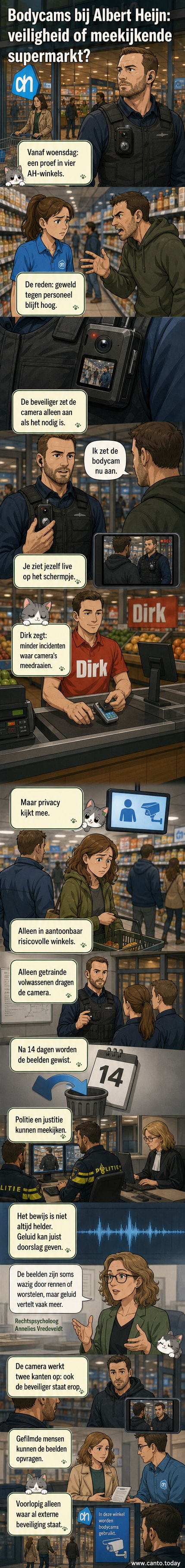 Een beveiliger in een Albert Heijn-winkel met een bodycam op de borst, terwijl klanten in de buurt winkelen. De camera is zichtbaar met een klein schermpje en lens.