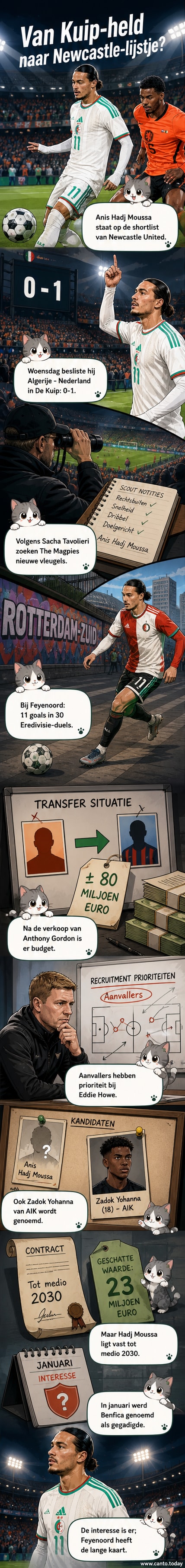 Illustratie van Anis Hadj Moussa in Feyenoord-tenue, met Newcastle United-logo op de achtergrond en een prijskaartje van 23 miljoen euro.