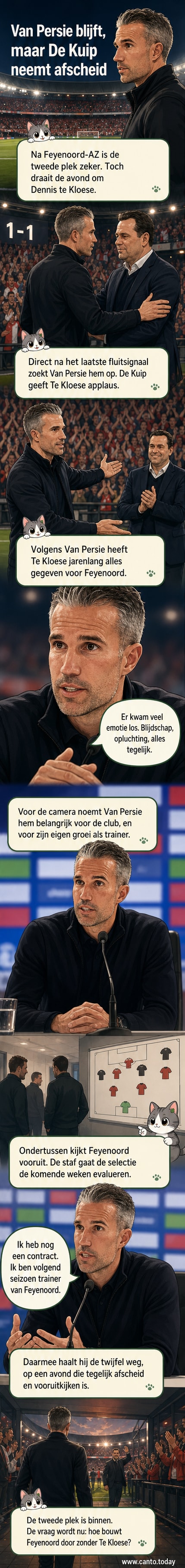 Robin van Persie en Dennis te Kloese omhelzen elkaar op het veld van De Kuip, omringd door medewerkers en supporters, tijdens een emotioneel afscheid na een wedstrijd.