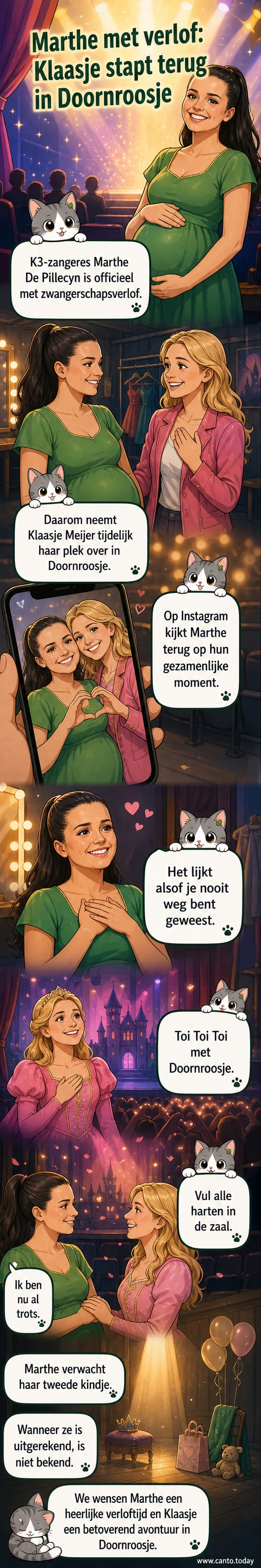 Twee zangeressen staan glimlachend naast elkaar op een podium, met een bloemenarrangement tussen hen in.