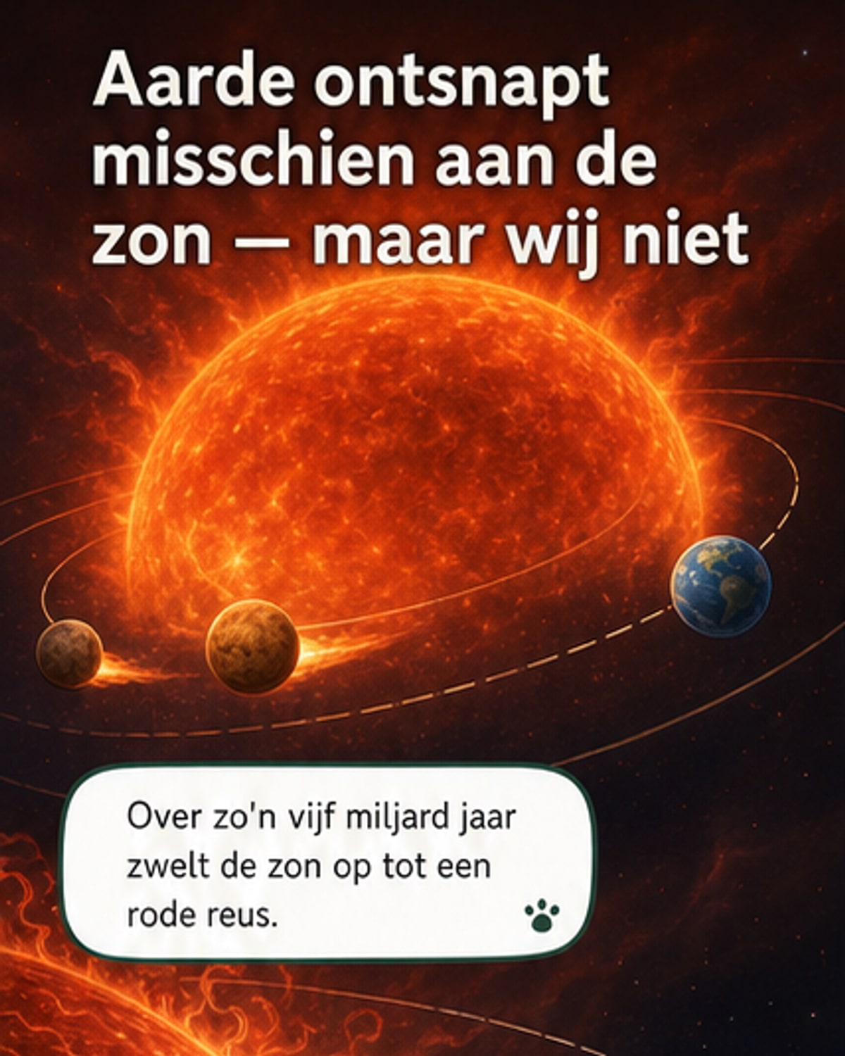 Illustratie van de zon die opzwelt tot een rode reus, met de aarde net buiten de opgeslokte zone.