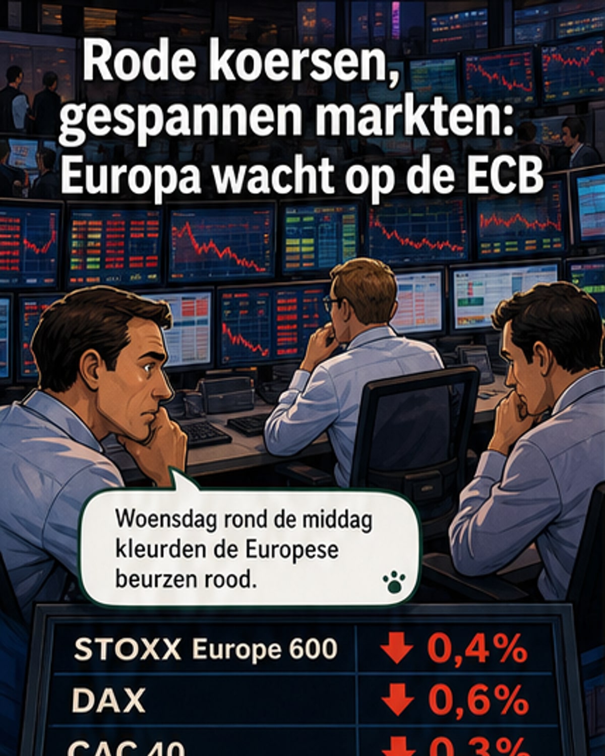 Beursgrafieken in het rood, met een militaire helikopter en oliepijpleiding in de achtergrond, symboliserend marktvolatiliteit door geopolitieke spanningen.