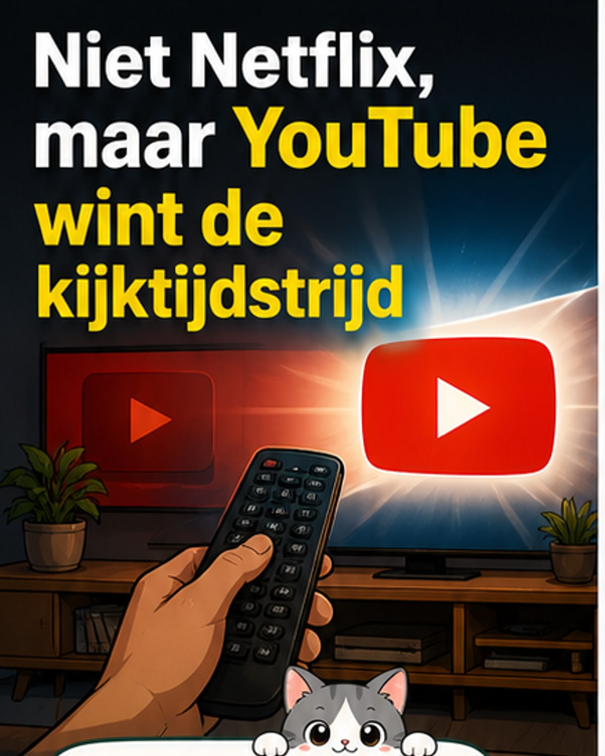 Illustratie van een groot televisiescherm waarop het YouTube-logo verschijnt, met daaromheen kleine pop-upweergaven van bekende Netflix-serie-afspeellijsten die wegdrijven.