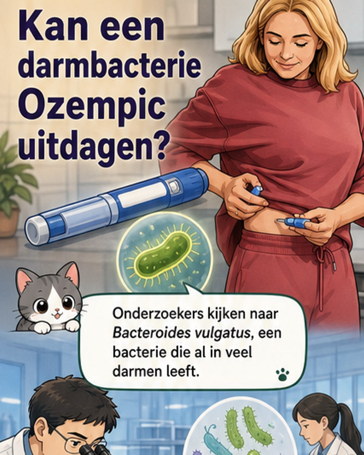 Illustratie van een darm met een vergroot glas op een Bacteroides vulgatus-bacterie, met pijlen die hormoonketens naar de hersenen en pancreas aangeven.