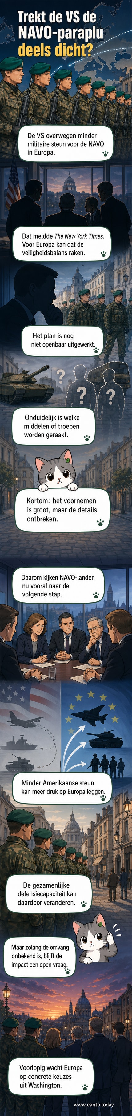 Illustratie van een Amerikaanse en Europese vlag die verder uit elkaar bewegen op een kaart van Europa, met NAVO-embleem in de achtergrond.