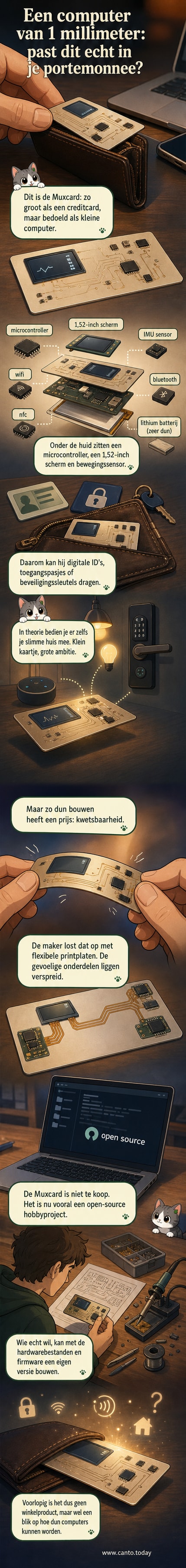 Een creditcardgroot apparaat met een klein scherm en elektronica, geplaatst naast een portemonnee om de maat te tonen.