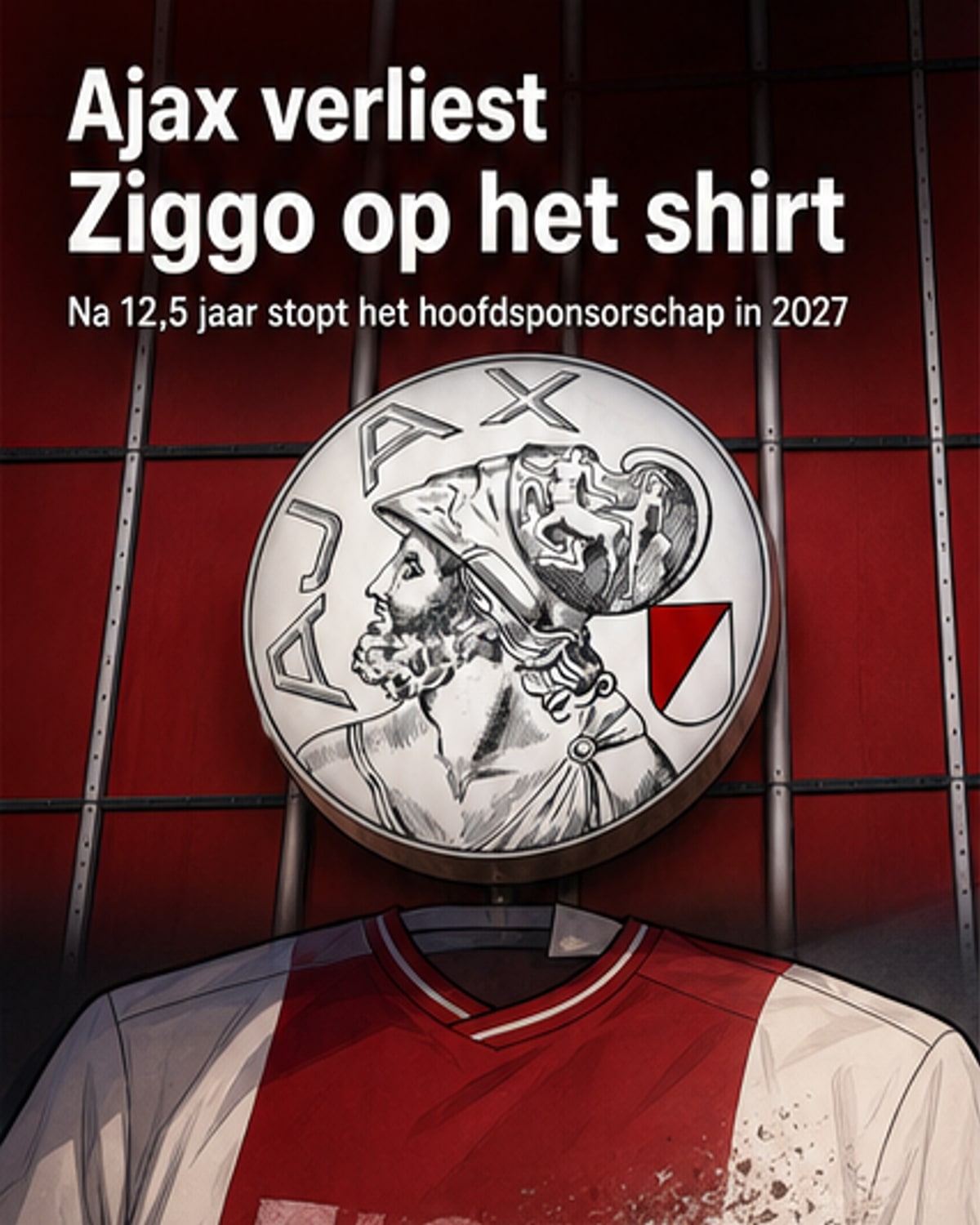 Ajax-speler in volledig shirt met Ziggo-logo, met daarachter stadion en vlaggen