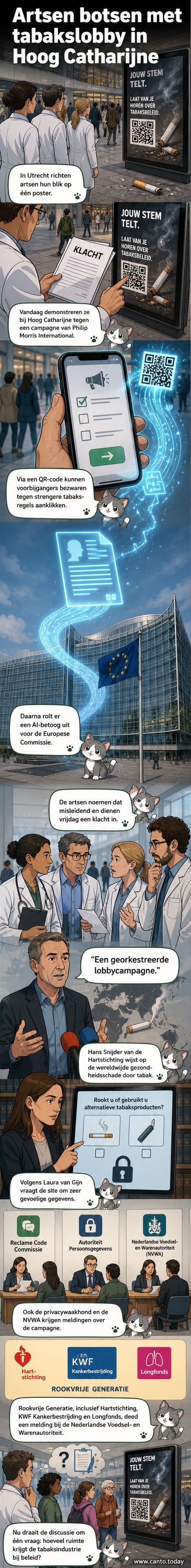 Artsen demonstreren bij een poster van Philip Morris in winkelcentrum Hoog Catharijne, met een bord waarop staat dat de campagne misleidend is.