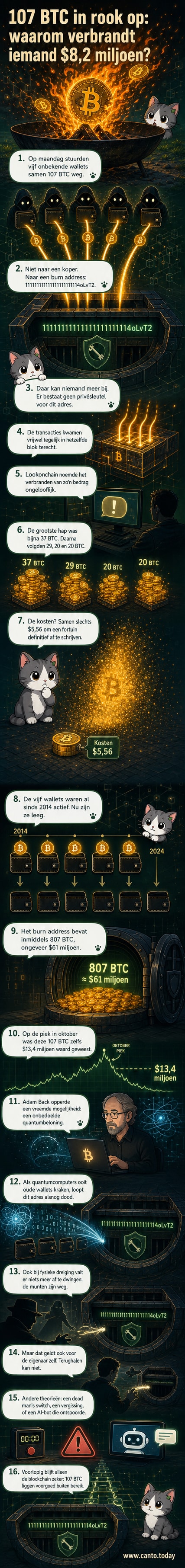 Een visualisatie van Bitcoin-munten die verdwijnen in een digitaal prullenbakadres, met blockchain-details en het adres 1111111111111111111114oLvT2.
