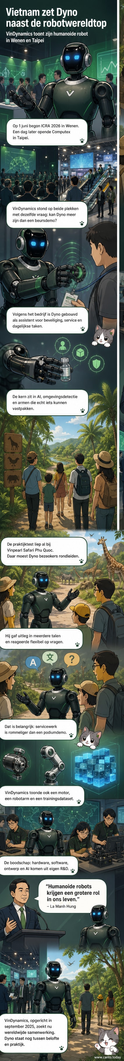 Een humanoïde robot met een vriendelijk uiterlijk staat in een tropisch park en praat met een groep bezoekers, met bomen en een informatiebord op de achtergrond.