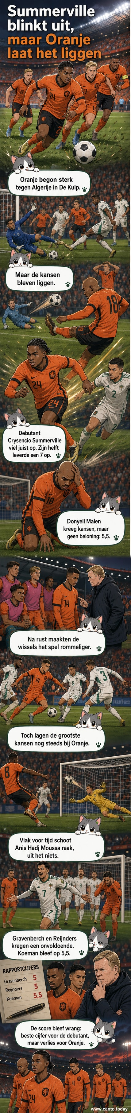 Nederlands voetbalelftal in oranje shirts tijdens oefenwedstrijd tegen Algerije in De Kuip, met debuutmaker Summerville in actie