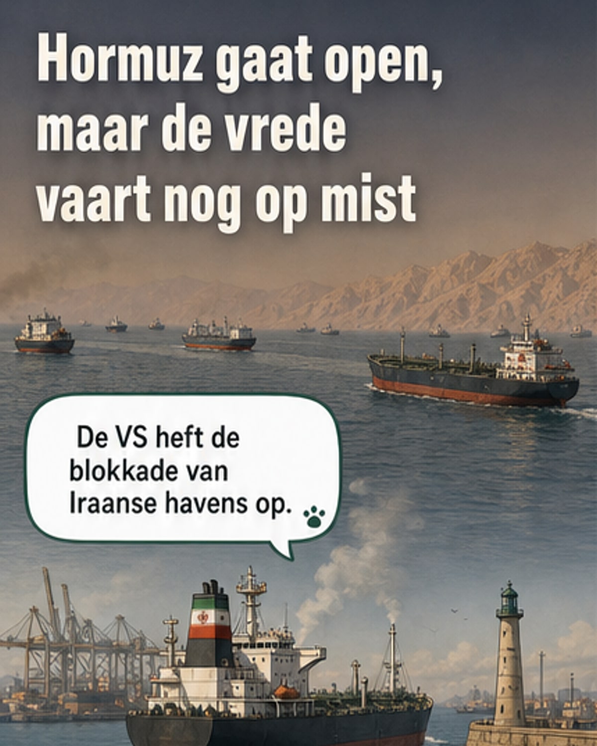Een olietanker vaart door de Straat van Hormuz, met op de achtergrond een Amerikaanse marineschip en een subtiele olijftak in het water, symbool voor een voorlopig akkoord tussen VS en Iran.