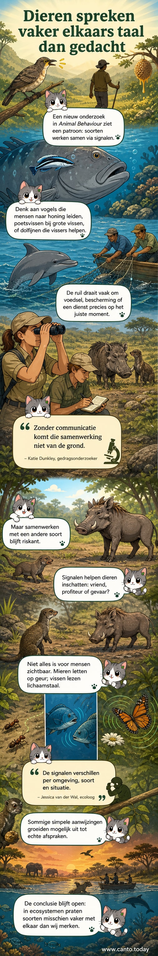 Illustratie van een poetsvis die een grotere vis schoonmaakt, terwijl een vogel in de lucht een bijennest aangeeft en een dolfijn samenwerkt met vissers op zee.