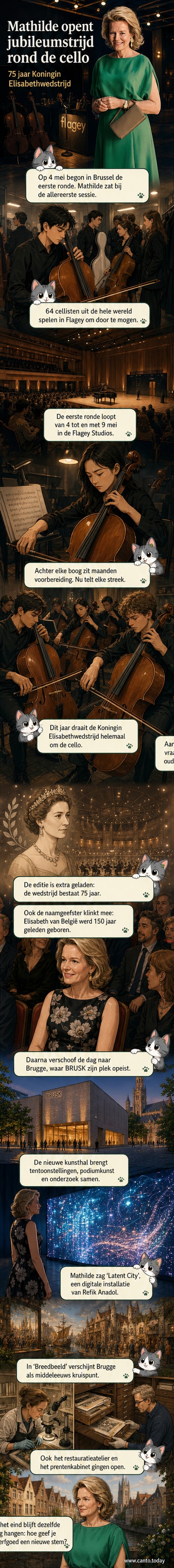 Koningin Mathilde in een groene jurk tijdens haar bezoek aan het nieuwe museum BRUSK in Brugge, met een digitale kunstinstallatie op de achtergrond.