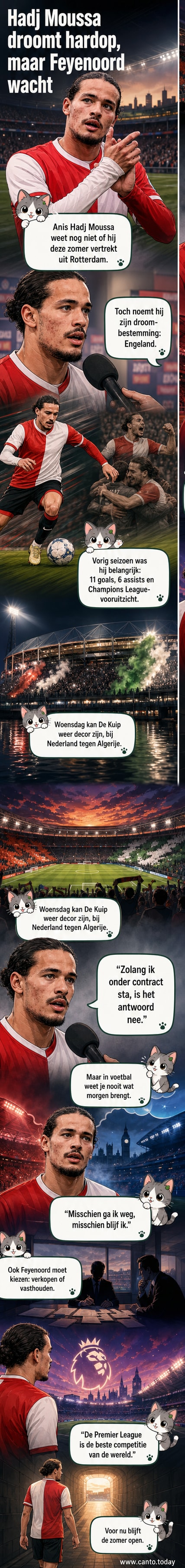 Anis Hadj Moussa in Feyenoord-tenue tijdens een wedstrijd, met De Kuip op de achtergrond.
