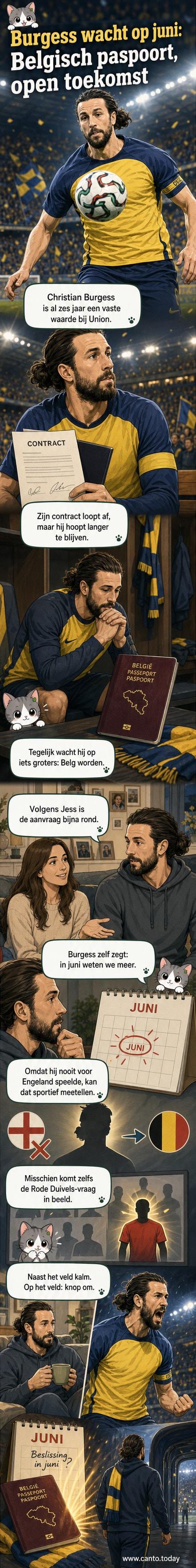 Engelse verdediger Christian Burgess van Union Saint-Gilloise kijkt serieus in de camera, met de Belgische vlag op de achtergrond.