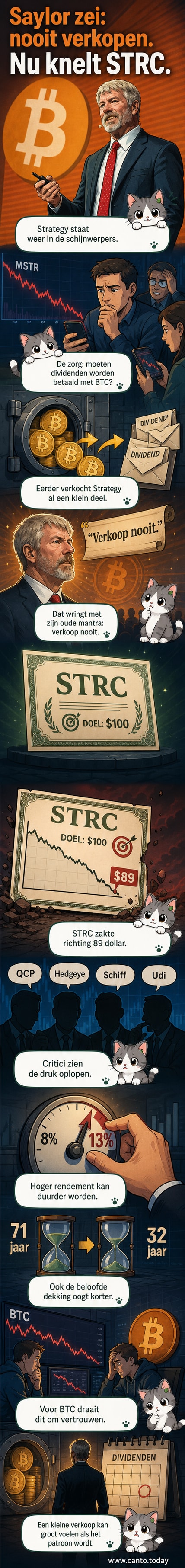 Illustratie van een zakelijke man die Bitcoin vasthoudt terwijl een grafiek naar beneden zakt, met het logo van Strategy en de tekst 'Moet Strategy opnieuw verkopen?'