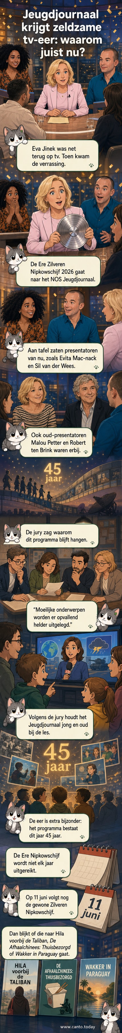 Eva Jinek overhandigt de Ere Zilveren Nipkowschijf aan het NOS Jeugdjournaal-team, met oud- en huidige presentatoren op het podium.
