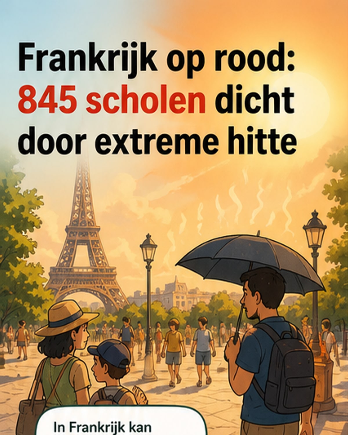 Illustratie van een gloeiend hete stad in Frankrijk met gesloten scholen en mensen die beschutting zoeken tegen de zon.