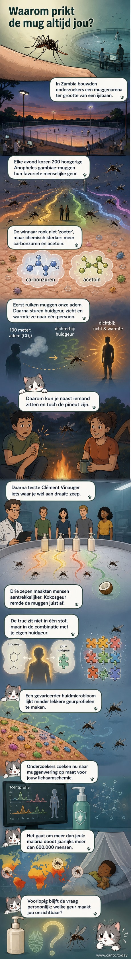 Illustratie van een persoon die wordt omgeven door muggen, met chemische symbolen en geurlaagjes zichtbaar rond het lichaam.