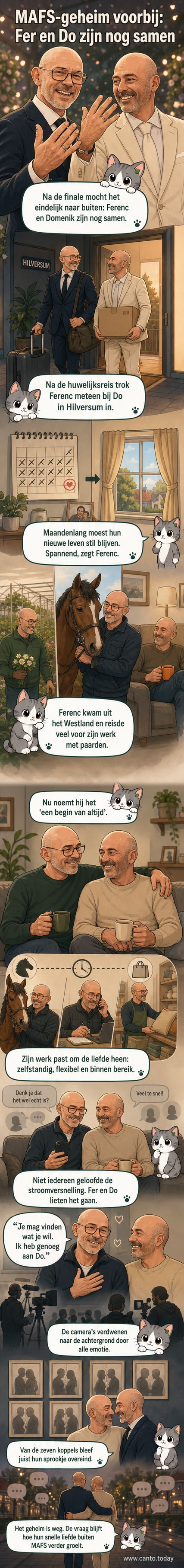 Ferenc en Domenik, het gelukkige koppel uit MAFS, lachend samen op bed tijdens het programma, omringd door camera’s.