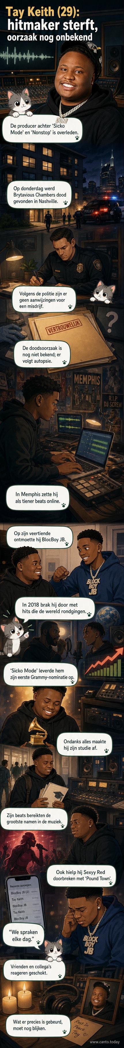 Portret van muziekproducer Tay Keith, met hiphopachtige sieraden en een donkere achtergrond.