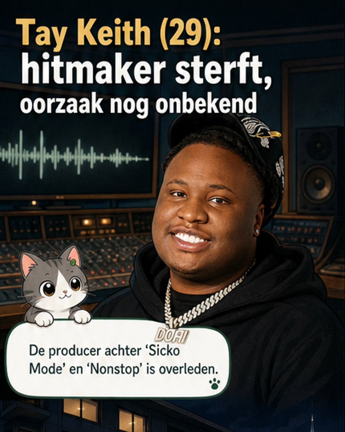 Portret van muziekproducer Tay Keith, met hiphopachtige sieraden en een donkere achtergrond.